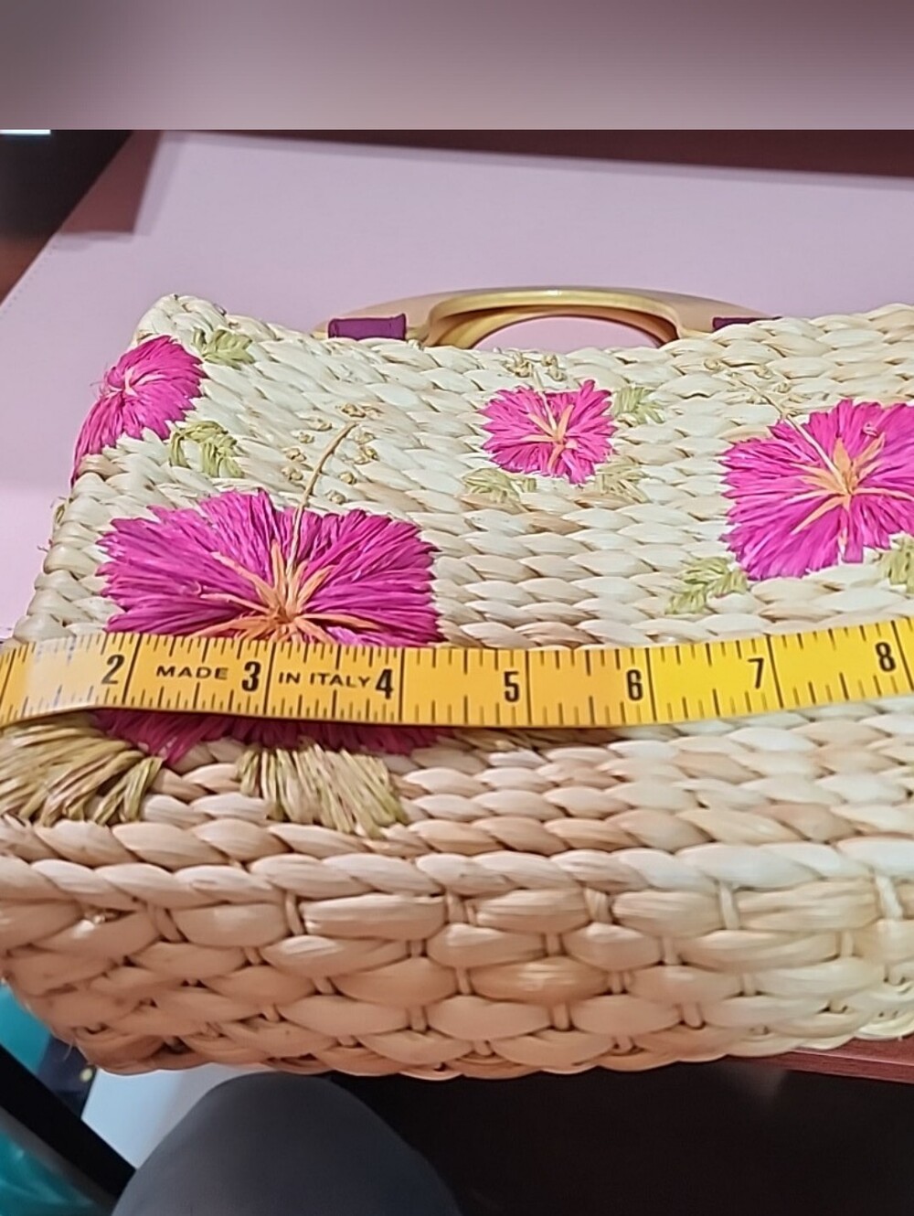 Faded Glory Vintage Woven Straw Floral Tote Bag With Wood Handles - Picture 5 of 10